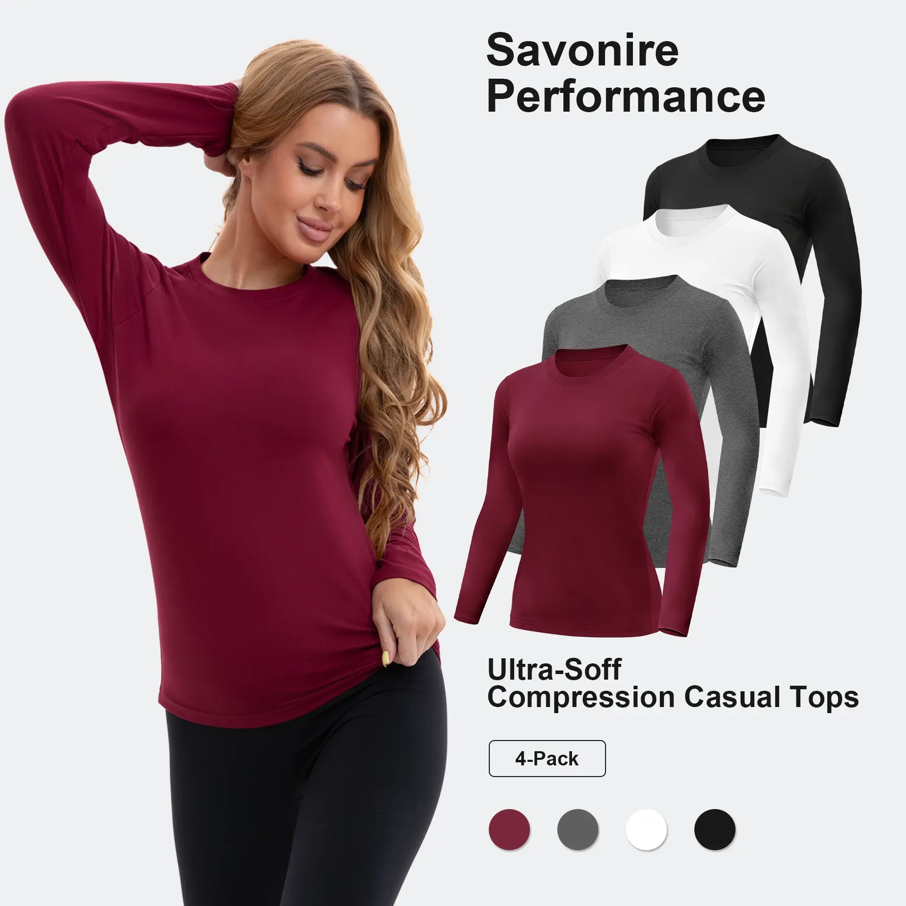 Women’s 4-Pack Long Sleeve Compression T-Shirts, Red Fall Fashion Top Tight Crew Neck Slim-Fitted Sports & Outdoor Tops, Quick Dry Activewear for Gym, Yoga, Fitness Outfits, Underscrubs