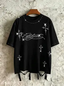 Unisex Black Rhinestone Cross T-Shirt Gothic Streetwear Crew Neck Tie Hem Casual Top For Men Women Daily Street Wear
