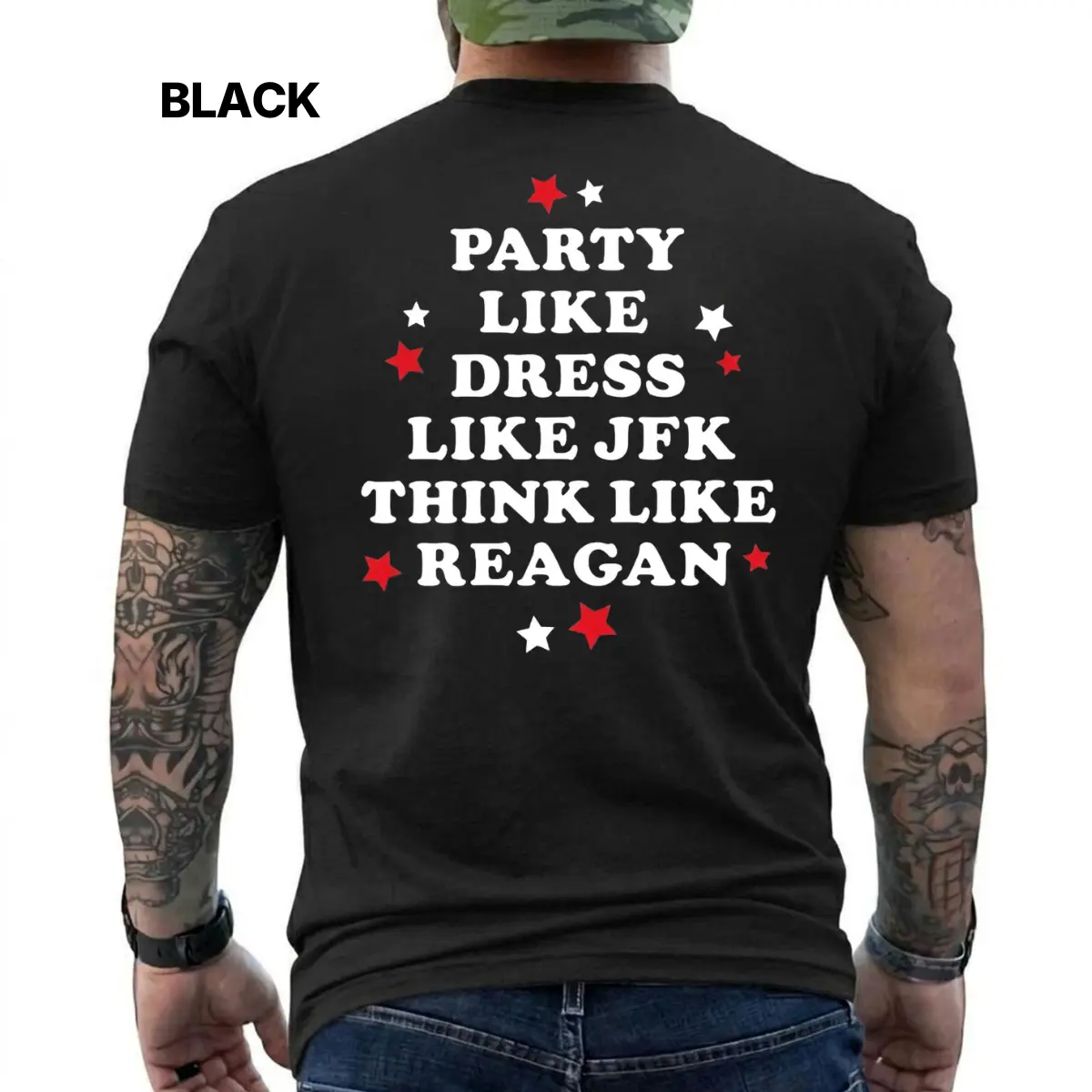 Party Like Dress Like JFK Think Like Reagan T-Shirt for Men Funny Conservative Political Humor Graphic Tee Patriotic USA Gift for Republican Dad Husband Veteran Independence Day Shirt, Short Sleeve Printed Graphic Shirt, Daily Casual Cotton Menswear