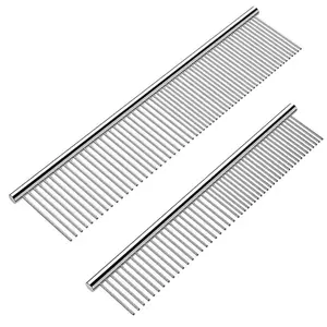 2 Pack Dog Combs with Rounded Ends Stainless Steel Teeth Cat Comb for Removing Tangles and Knots Professional Grooming Tool for Long and Short Haired Dog Cat and Other Pets