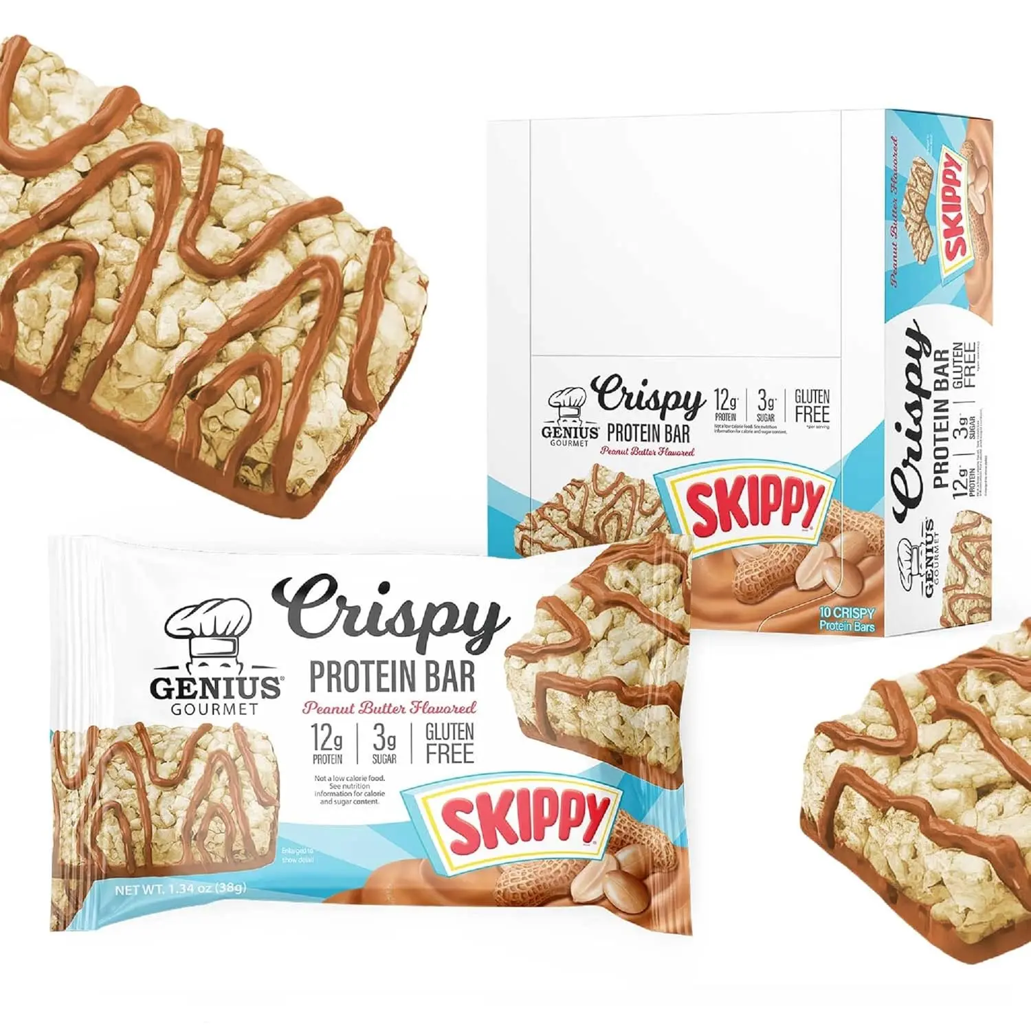 Genius Gourmet SKIPPY Peanut Butter Flavored Crispy Protein Bars,12g Protein per serving (24% DV), 3g Sugar, Delicious Snack Bar, Gluten Free – 10 Count