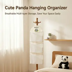 Cute Panda Hanging Closet Organizer, 3-Shelf Breathable Mesh Storage Bag with Sturdy Hook, Space Saving Foldable Wardrobe Shelves for Clothes, Socks