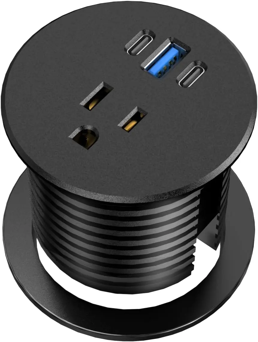Desk Grommet Power Outlet, 2.5 inch Desktop Recessed Outlet with 20W Fast  USB-C Port, Flush Mount Outlet for Conference Rooms, Office Tables, Furniture (Black, 6FT)