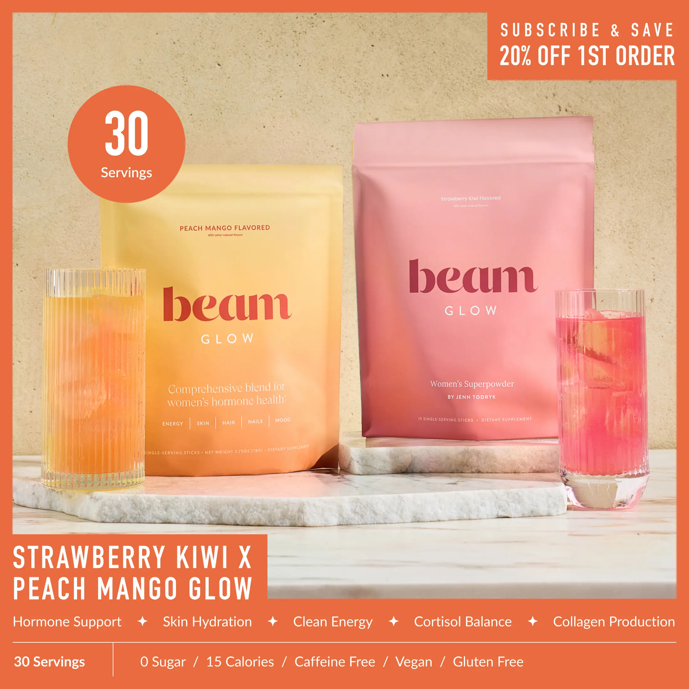 Beam Glow Limited Edition Peach Mango Beauty Dietary Powder Supplement Superblend Duo-Trio Pack - 30 or 45 Servings (15 Servings per Flavor) Collagen Vitamin Drinks for Women’s Hormone Balance, Skin Care, Hair, Nail Support (10 Calories, 0 Sugar)