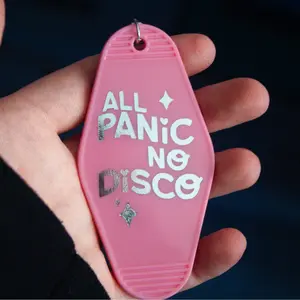 "All Panic, No Disco" Hand Poured Resin Motel Style Keychain With Silver Chrome Vinyl and Mixed Glitter Resin On One Side