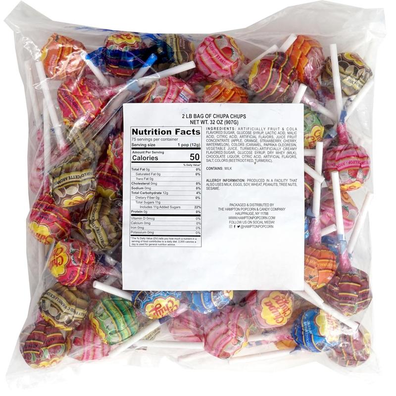 ChupaChups Assorted Lollipops, 2 Pound Bulk Bag (Approx 64 Lollipops), Individually Wrapped, The Hampton Popcorn & Candy Company