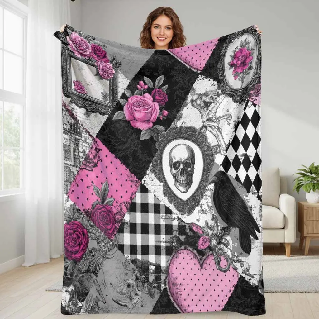 Gothic Rose And Raven Flannel Blanket Vintage Victorian Floral Print Super Soft Lightweight Cozy Plush Warm Bedding Throw Suitable For Home Living Room Couch Bedroom Holiday Gift