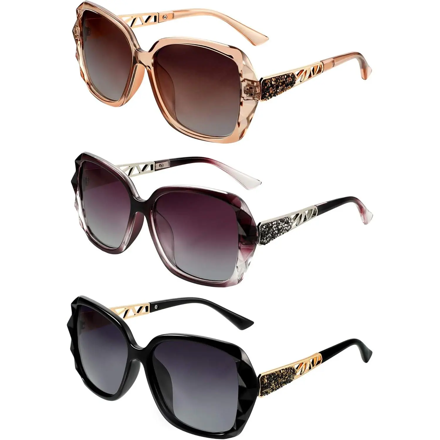 3-Pack Women's Classic Lightweight Durable Sunglasses, Oversize Vintage Style with Rhinestone Accents, Glare-Cutting for Daily Wear, Classic Polarized Sunglasses, Sunglasses Frames
