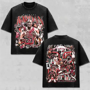 Michael Jordan T-Shirt, Bulls Basketball Graphic Top, Be Like Mike Merch, Spalding Ball Apparel, Signed Number 23 Retro Shirt, Men Women Short Sleeve Heavyweight Premium Black Acid Wash Wear