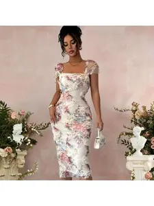 Elegant Romantic Mesh Floral Print Pleated Mid-length Dress