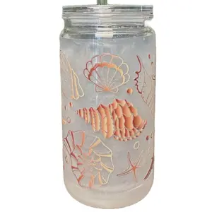 Iridescent Seashell Globe Tumblr with Detailed Shell Etchings and Clear Lid for Coastal Decor