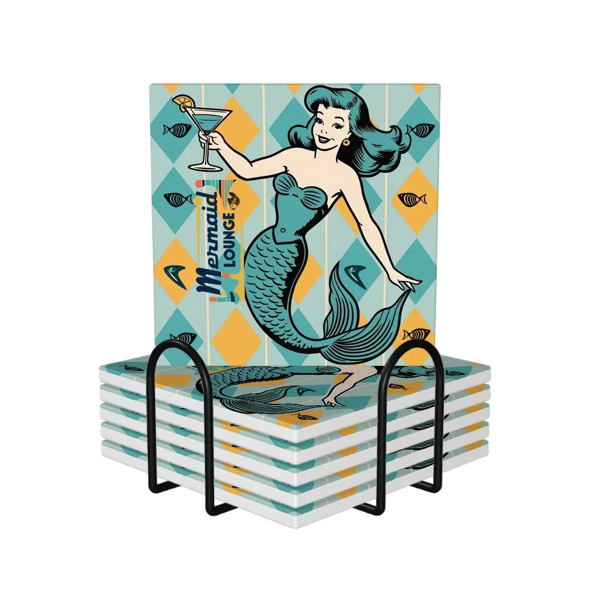 Retro Mermaid 50s Kitsch Mid Century Modern Mermaid Lounge Barware Coasters