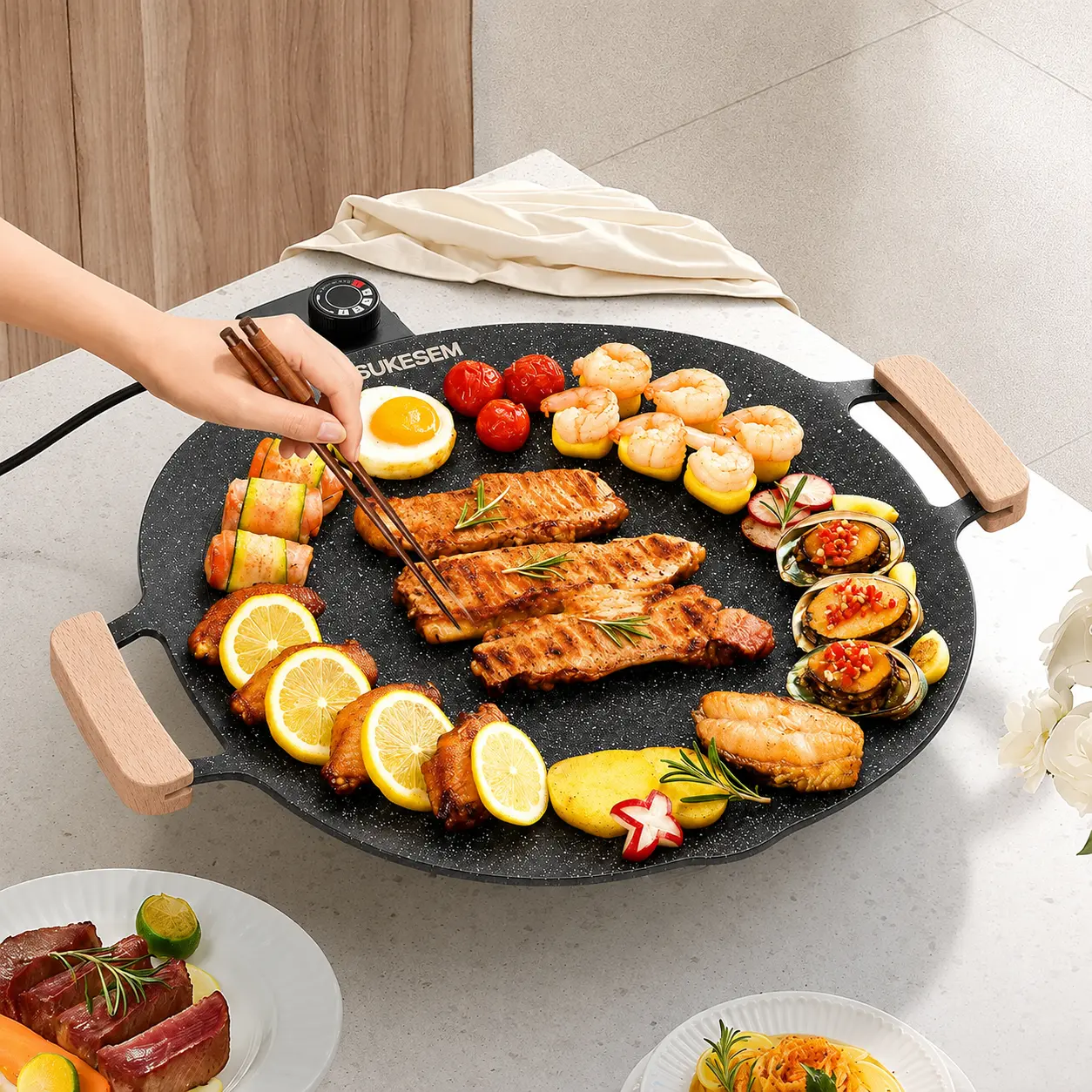 Portable Electric Korean BBQ Grill, Indoor Smokeless Grill, Nonstick Coating Griddle Pan with Adjustable Temperature for Home Cooking, Pancakes, Eggs-Dealforyoudays, Korean Bbq Grill Indoor
