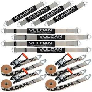 VULCAN Silver Complete Axle Tie Down Kit with Wire Hook Ratchet Straps - (4) 22" Axle Straps, (4) 36" Axle Straps, and (4) 15' Wire J Hook Ratchets Webbing Securing Car
