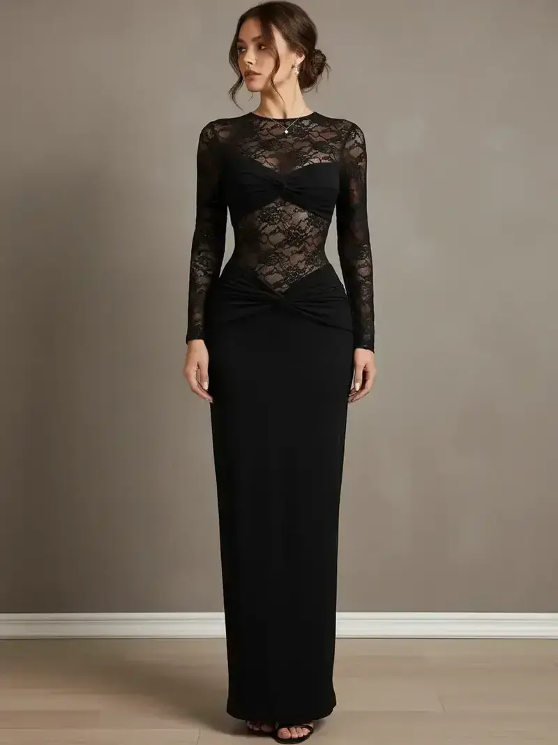 knee length dresses for ladies Loving Look Black Lace Long-Sleeve Twisted Split Maxi Dress – Club L London main image 0