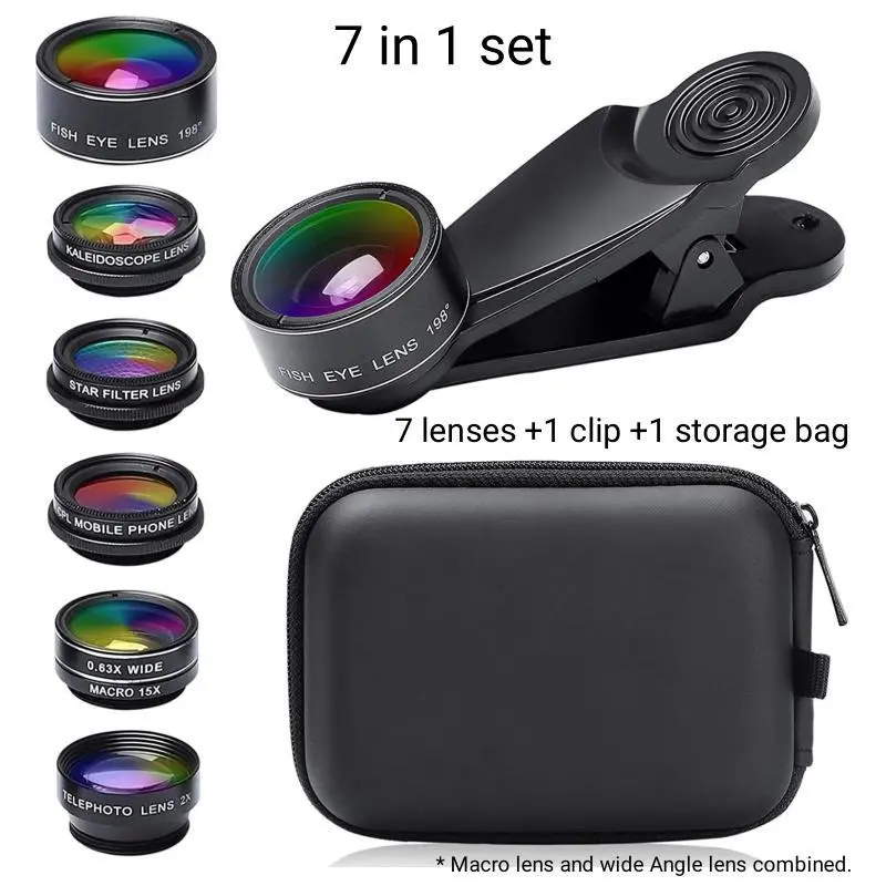 AuraGadget 7-in-1 Compact Clip-On Mobile Lens Kit - Wide Angle, Macro, Fisheye Lenses, Camera Attachment for iPhone & Android Phones & Electronics Accessories