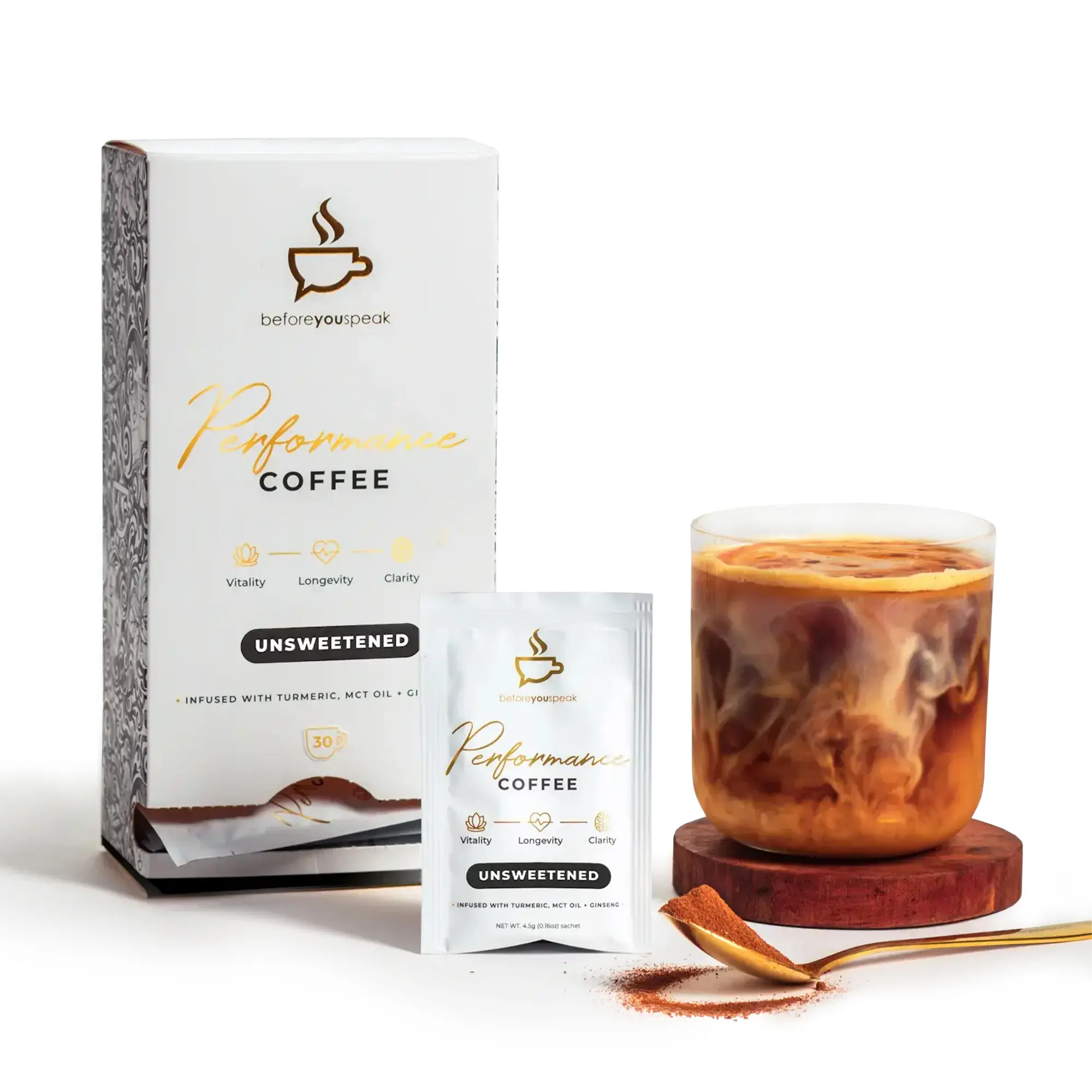 Beforeyouspeak Performance Coffee - Unsweetened, Instant Colombian Coffee with Functional Ingredients, Single Serve Sachets, Keto & Vegan Friendly, Gluten Free, Dairy Free, No Added Sugar