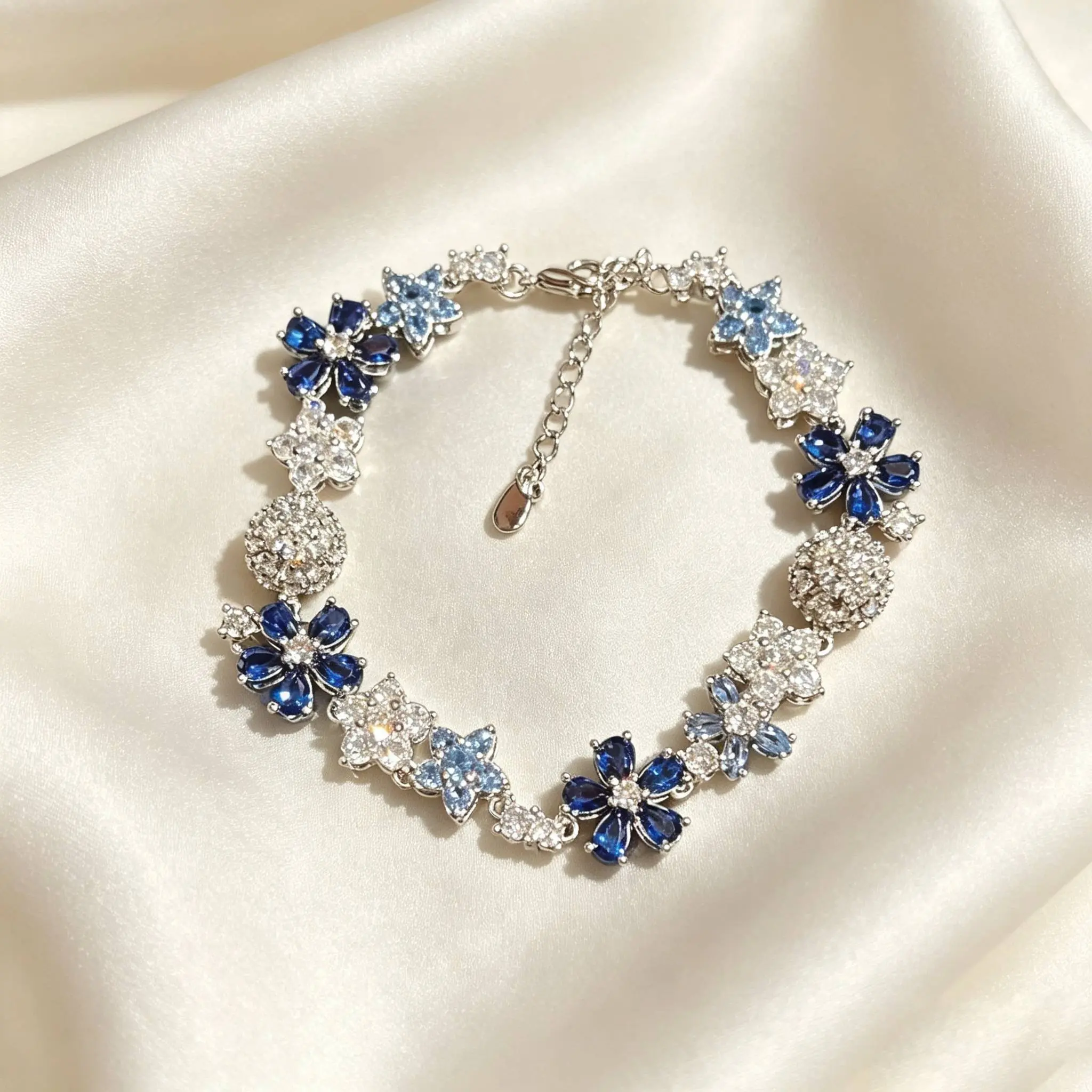 Elegant Blue and Clear Crystal Flower Bracelet with Rhinestones and Silver Tone Chain for Women
