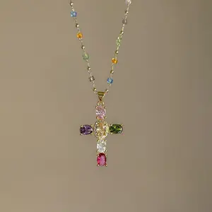 Dopamine Colorful Cross Necklace Contrast Color Zircon Collarbone Chain Sweet Fashion Niche Design High-end Necklace