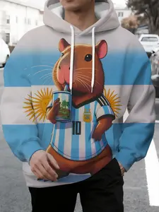 Argentina Team Theme Mouse Drawstring Hoodie, World Cup Fan Trendy Apparel, Casual Loose-Fitting All over Print, Fall & Winter Style