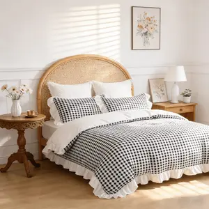 3pcs Black White Gingham Ruffle Duvet Cover Set, Checkered Comforter Cover, Soft Microfiber Bedding Set (No Filler), Cottagecore Aesthetic Decor for Girls Bedroom