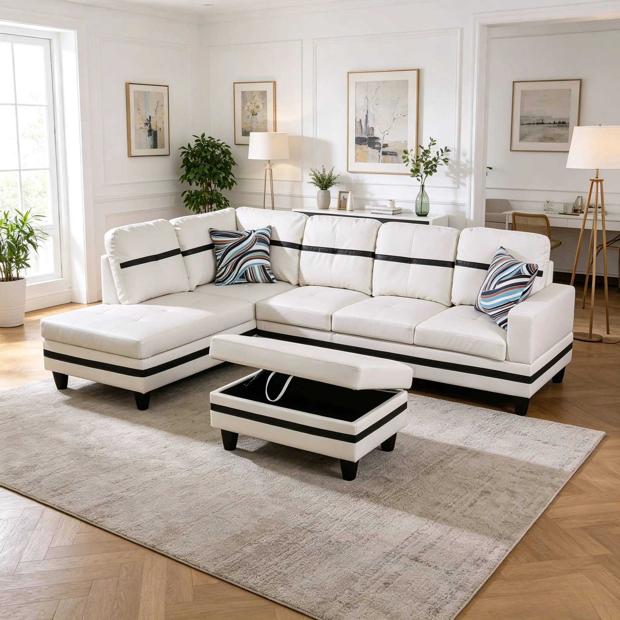 3-Piece 2-Tone Faux Leather L-Shaped Sectional Sofa, Black & White Semi PU Leather, Soft Touch, Wipe with Damp Cloth, Durable Indoor Couch for Family Reception, Low Profile Large Scale Living Room Furniture, Sofas for Living Room, Faux Leather Couch