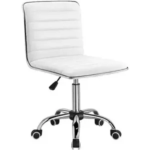 Swivel Mid Back Armless Ribbed Task Leather Chair in White Upholstery and Chrome Makeup Vanity Desk