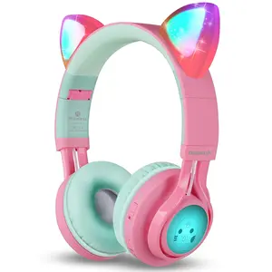 Riwbox CT-7 Cat Ear Kids Bluetooth Headphones, LED Light Up Bluetooth Wireless Over Ear Headphones with Microphone and Volume Control for iPhone/iPad/Smartphones/Laptop/PC/TV