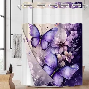 1PC/4PCS 2D Printing Purple-Pink Flowers and Blue-Purple Butterflies Patterned shower curtain set with 12 hooks, Bathroom Decoration Accessories, non-slip bathroom rug, U-shaped toilet seat cover, toilet seat mat, Bathroom Accessory