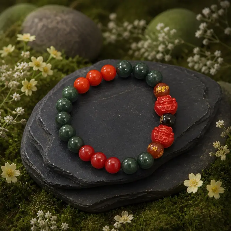 Moss Agate Carnelian Cinnabar Round Beaded Bracelet with Lucky Cat Charm 6.5in Length 8.64mm Width