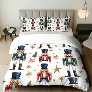 3PCS Duvet Cover Set, 1 Duvet+2 Pillowcases(Without filler), Nutcracker Christmas Vintage  Pattern theme, Christmas bedding set, Festive Decorative Comfortable Suitable for decoration bedroom living room guest room hotel.