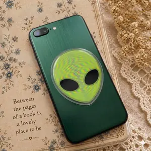 Cute Holographic Alien Head Phone Grip Clear Acrylic Griptok - Aesthetic Retro Y2K Lime Green Cell Phone Stand Holder, Iridescent Sci-Fi Space Finger Ring Grip Accessory, Whimsical Cosmic Gift for Outer Space Lovers