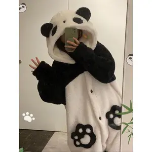 1pcs Women's Winter Cartoon Panda Pajamas Set, Flannel TV Blanket Loungewear, Long Thick Couple Sleepwear Gift for Thanksgiving Christmas
