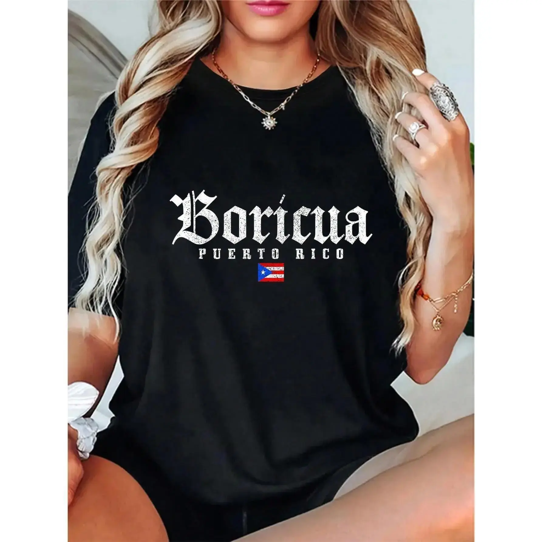 Women's 100% Cotton Short-Sleeve Casual Everyday Puerto Rico Boricua Vintage Flag Pride T-Shirt, Women's Tops & Apparel, Shortsleeve, Oversized