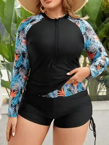 Plus Size Tropical Print Rash Guard - Long Sleeve Zipper Swimwear For Beach Summer