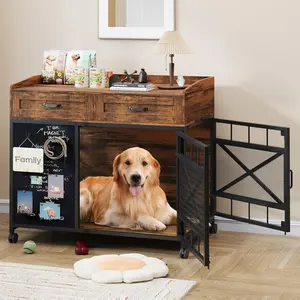 [Summergarden] Vabches Dog Crate Furniture, 38 Inch Dog Kennel Indoor Furniture with Storage Drawers and Blackboard Wooden Pet Cage End Table with Rotating Wheels and Adjustable Foot Pads for Small Medium Large Dogs, Home, Personalized