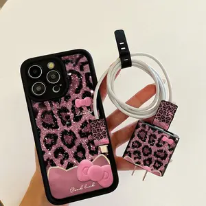 Cute Bowknot & Leopard Print Pattern Phone Case Cover with Charger Saver & Cable Protector & Storage Rope, Phone Accessories for iPhone, Shockproof, Protective