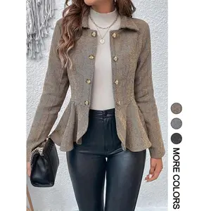 Women's Gingham Print Ruffle Hem Button Front Jacket, Casual Long Sleeve Collared Outerwear for Spring & Fall, Ladies Clothes for Daily Wear