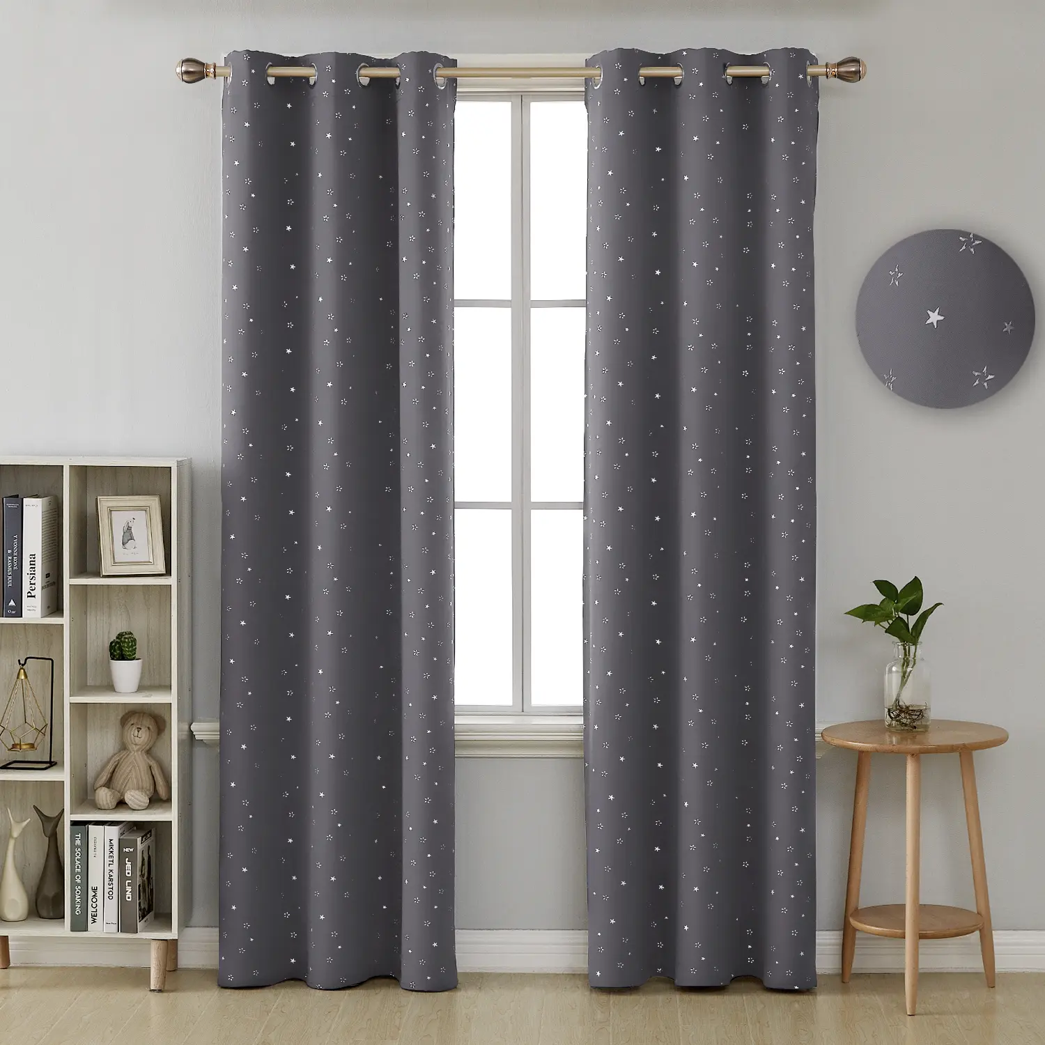 Deconovo Silver Foil Star All-Over Print Sparkling Blackout Curtains, Thermal Insulated White Grommet Window Curtains, Soundproof Noise-Reducing Room Darkening Drapes for Bedroom, No Tiebacks