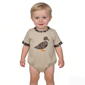 Baby Boys Khaki Cotton Fabric Mallard Ducks Embroidery Summer Boutique Short Sleeve Bubble Rompers
