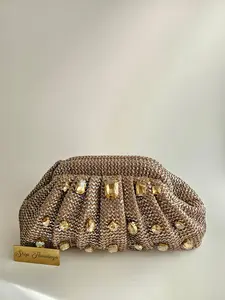 Jute & Jewel Embellished Clutch with Pearl Chain Strap Handcrafted Shoulder Bag Gold Tone Woven Texture Amber Jewels Slip On Closure 11x6x3 Inches