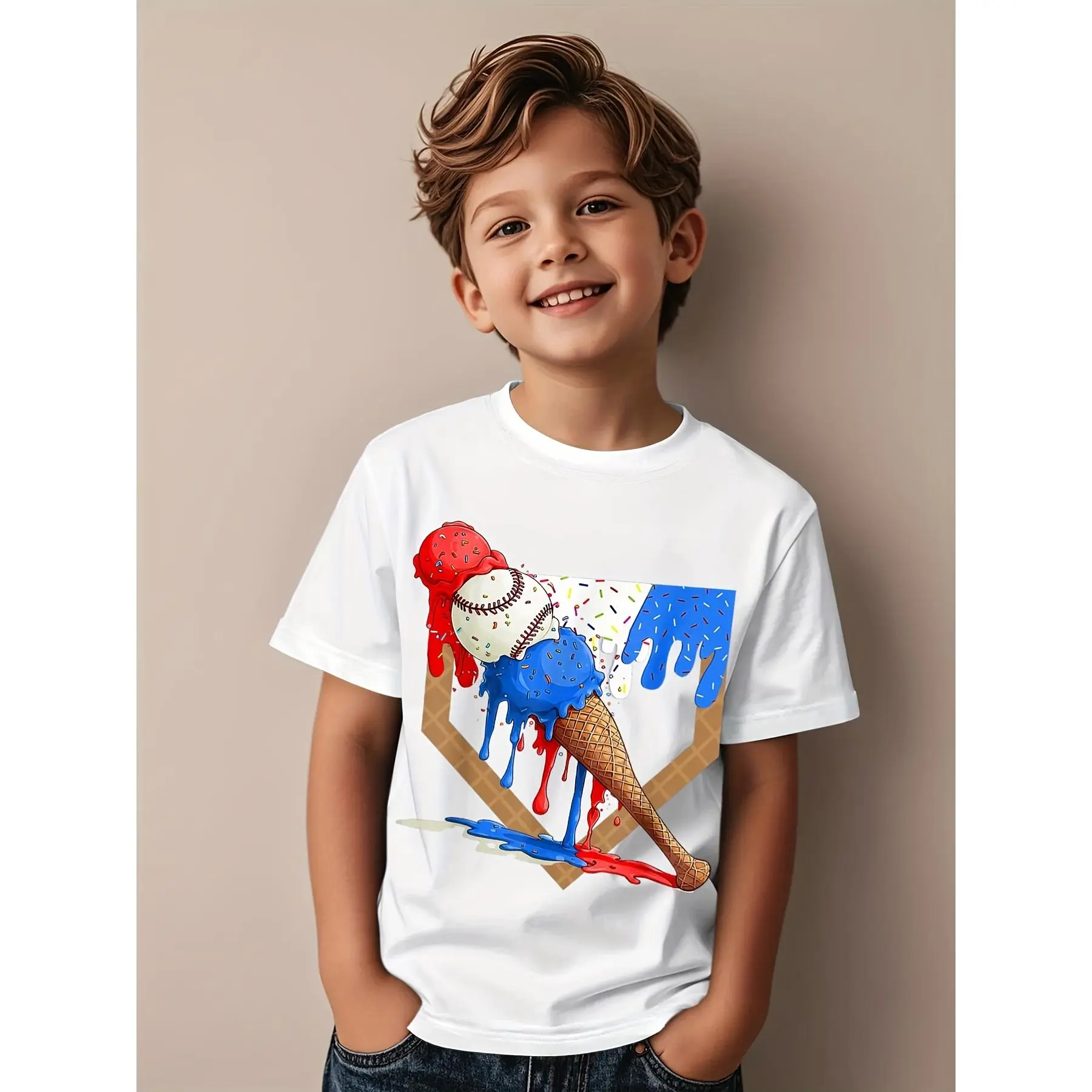 4th of July Red White and Blue Baseball Ice Cream Drip Boys Novelty Aesthetic Graphic Kid T-Shirt Popular Kid T Shirts Trending Tees Tops for Kid