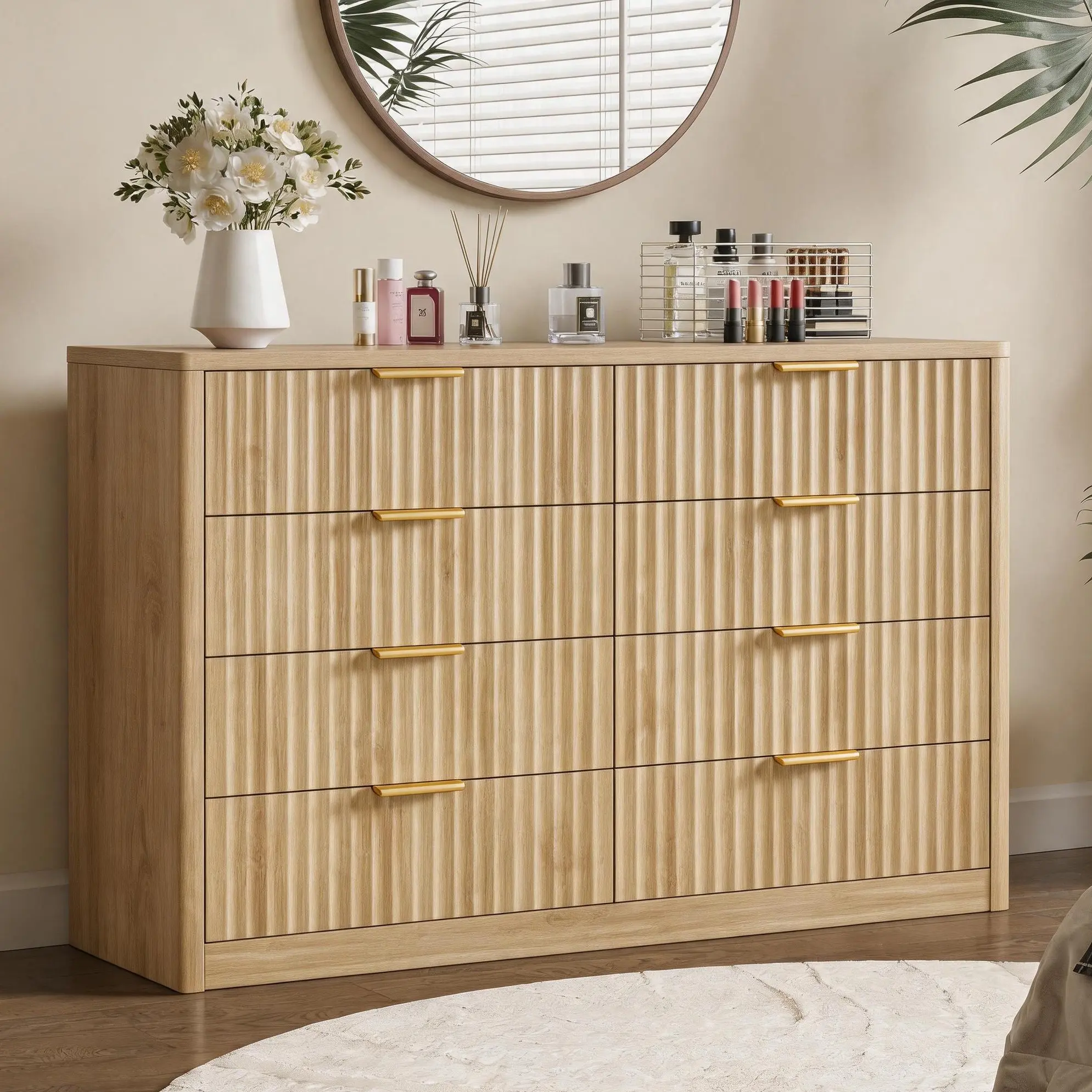 Glam 8-Drawer Fluted Long Wooden Dresser - 47''Wide Adjustable Drawers and Compartments Wardrobe, 15 - 20 Kg Capacity, Gold-Toned Metal Handles, Bedroom Living Room Furniture for Organization