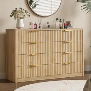 8-Drawer Fluted Long Wooden Dresser - 47''Wide Drawer Storage Wardrobe with Metal Handles, Gold-Toned Wardrobe, Bedroom Dresser for Bedroom, Living Room Organization