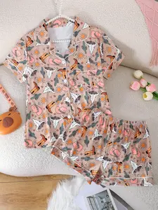 Women's Sleepwear Set, Pajama Collared Short Sleeve Cardigan & Loose Elastic Shorts, Western Cowboy Full Print, All Seasons, Homewear Womenswear Loungewear, Casual Home Wear