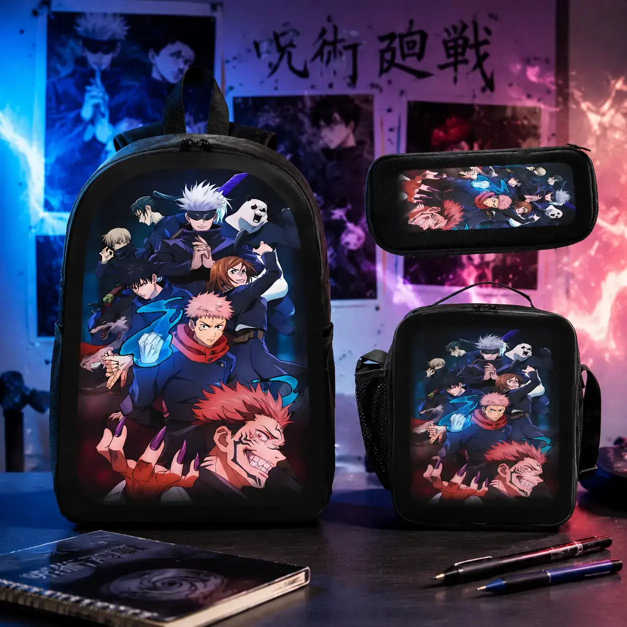 Jujutsu Kaisen Anime Character Backpack Set 3PCS Polyester School Backpack with Lunch Bag Pencil Case Lightweight Cartoon Daypack for Teens Backpacks for School Women Men Custom Anime Bag Travel Backpack Street Style Gift