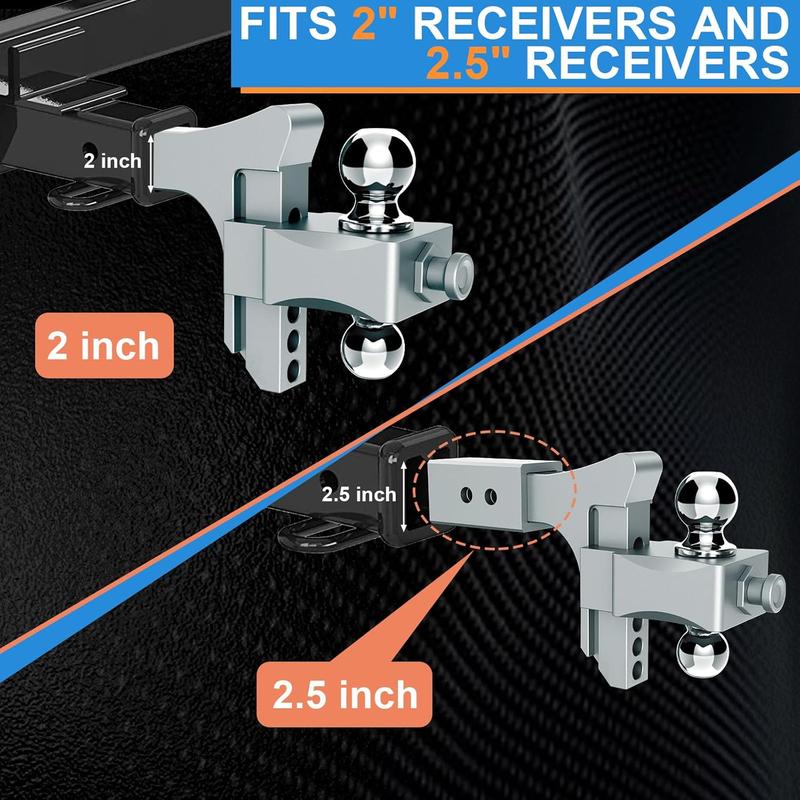 Adjustable Trailer Hitch, Drop Hitch Fits 2 Inch Receiver, GTW 21,500 LBS Aluminum Tow Hitches Dual Ball (2" x 2-5/16"), Heavy Duty Truck Hitch Ball Mount (5 Inch Drop Hitch)