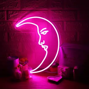 Moon Face Neon Wall Decor, Aesthetic Art Moon LED Sign Light, Vintage Night Lamp, New Moon LED Astrology Lamp, Home Bar Club Party Decoration