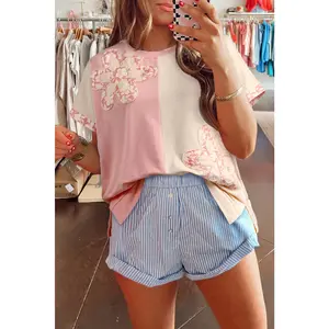 Apricot Color Block Flower Patched Loose T Shirt