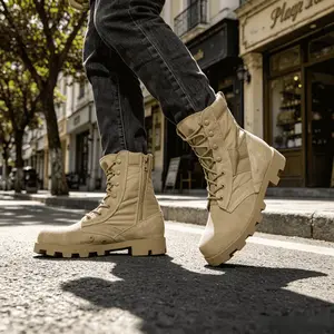 Men’s Classic Tan Desert Combat Footwear - Durable Suede & Canvas Upper, Rugged Non-Slip All-Terrain Sole, Side Zipper & Lace-Up Design, Walking Shoe for Hiking, Work, Casual Street Style